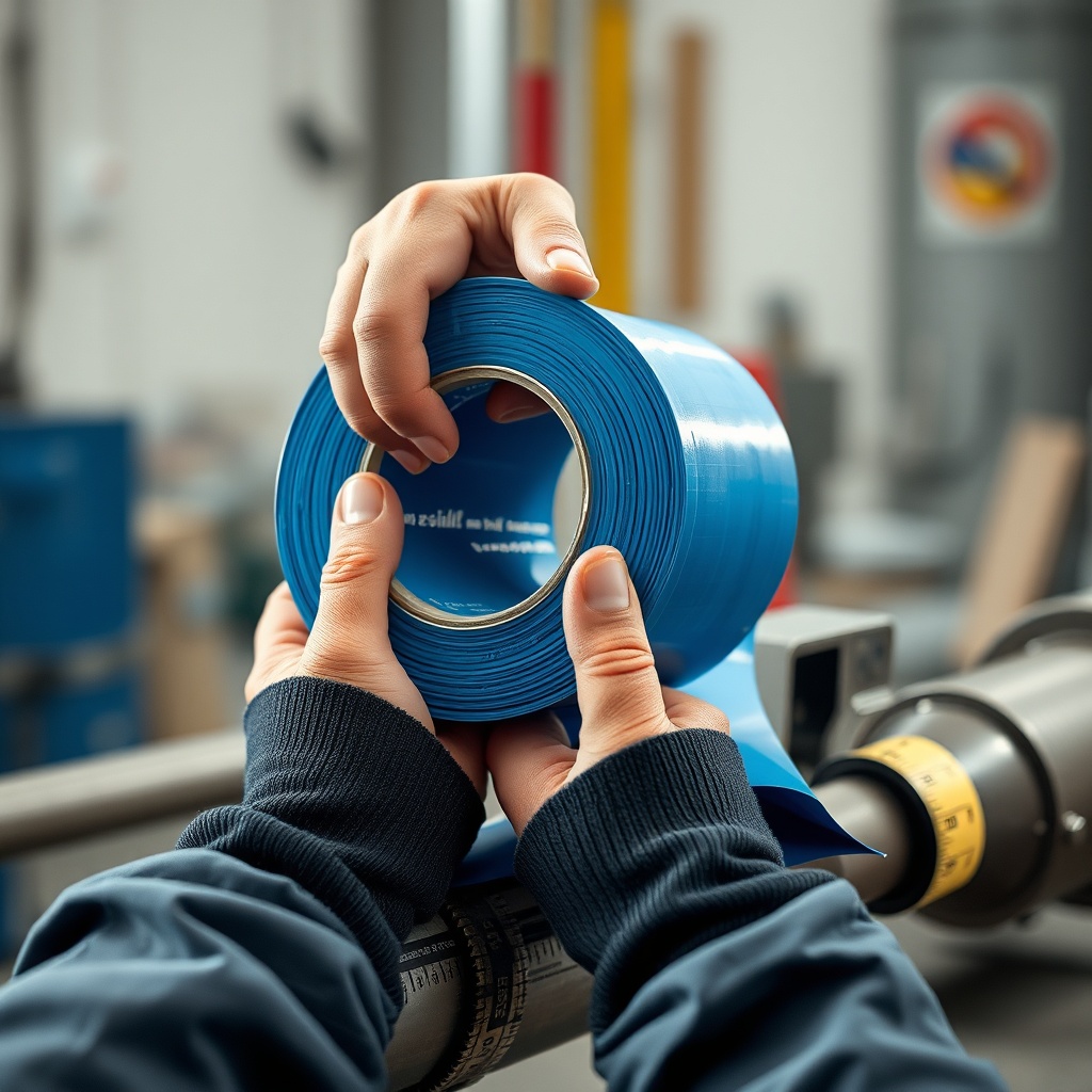A clean photorealistic photo of a technician's hands holding a roll of Izocam Camyünü Şilt