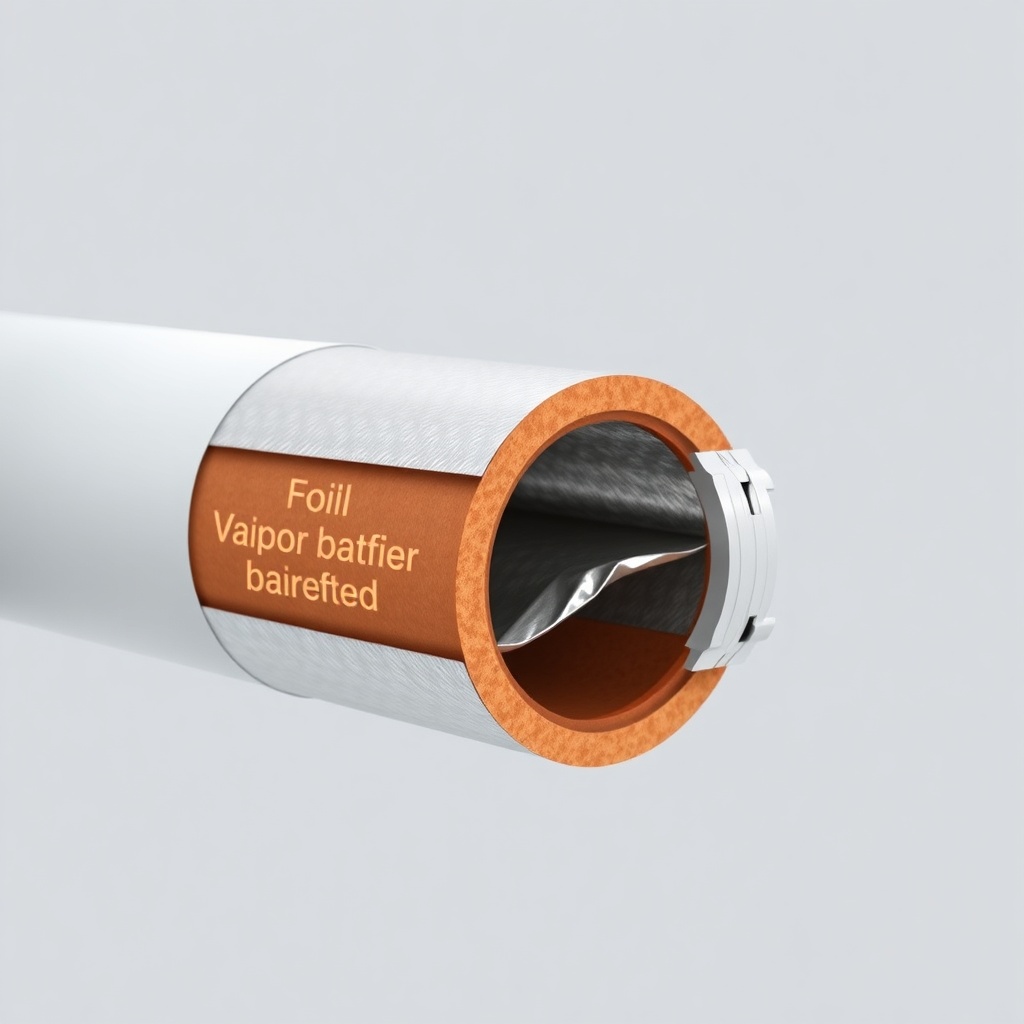 A photorealistic illustration of a cross-section of a pipe insulated with Izocam Camyünü Ş