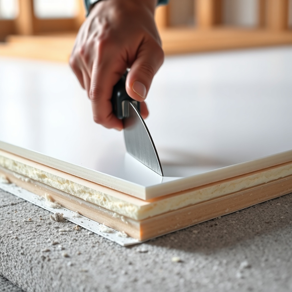 <clean photorealistic photo of XPS levha being cut with a knife on a construction site