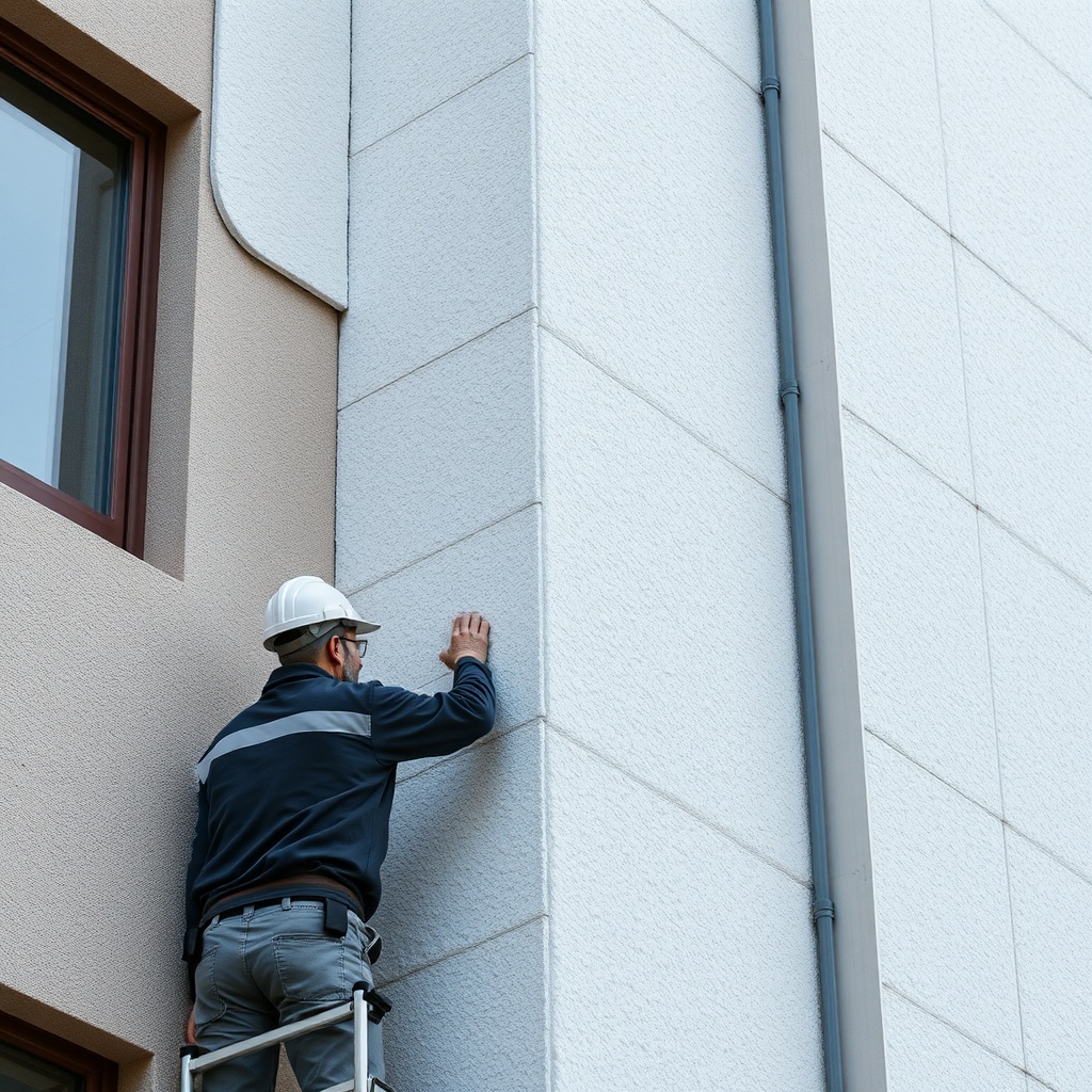<clean photorealistic photo of a completed XPS insulation installation on a building facad