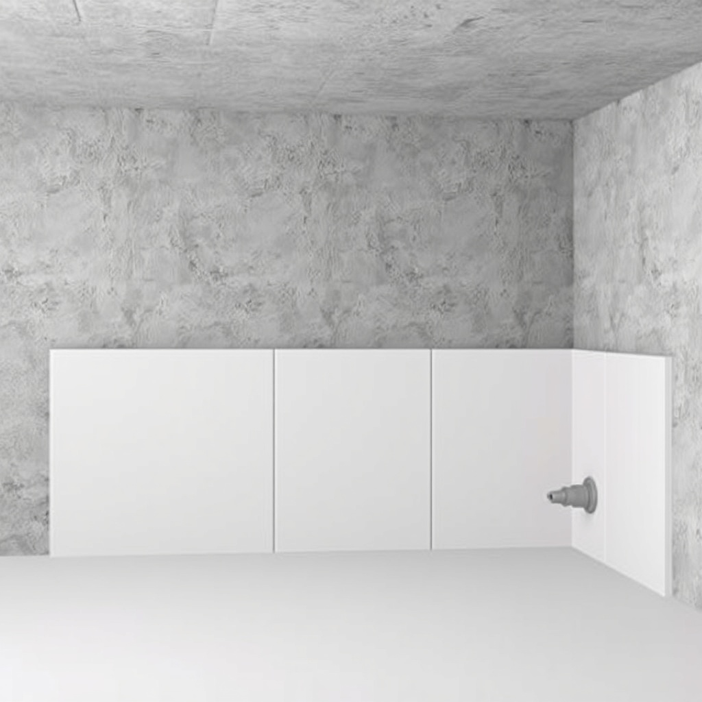 clean photorealistic photo of a finished basement waterproofing system with Izolevi XPS Le