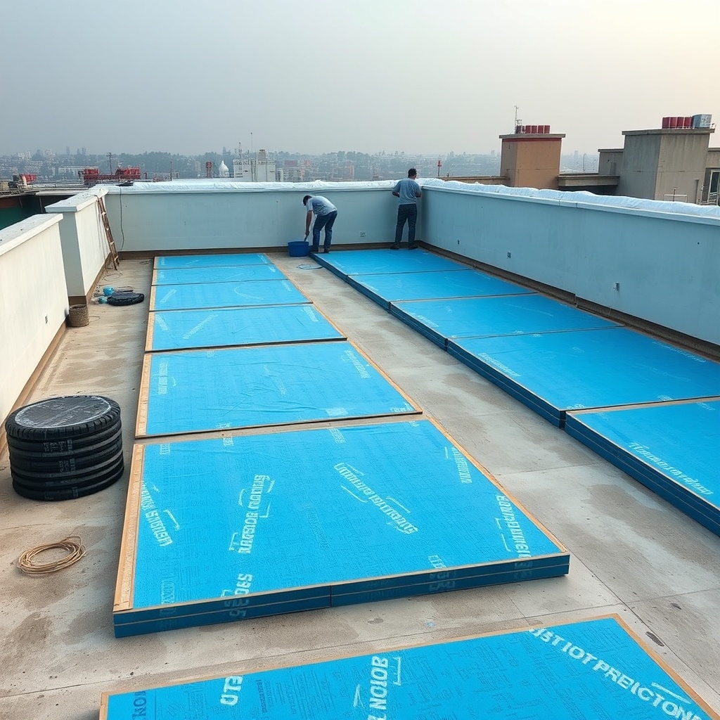 A wide shot of a rooftop terrace under renovation