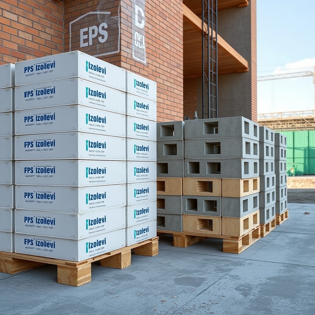 <Photorealistic illustration of Izolevi XPS Levha stacked next to EPS (Strafor) blocks on
