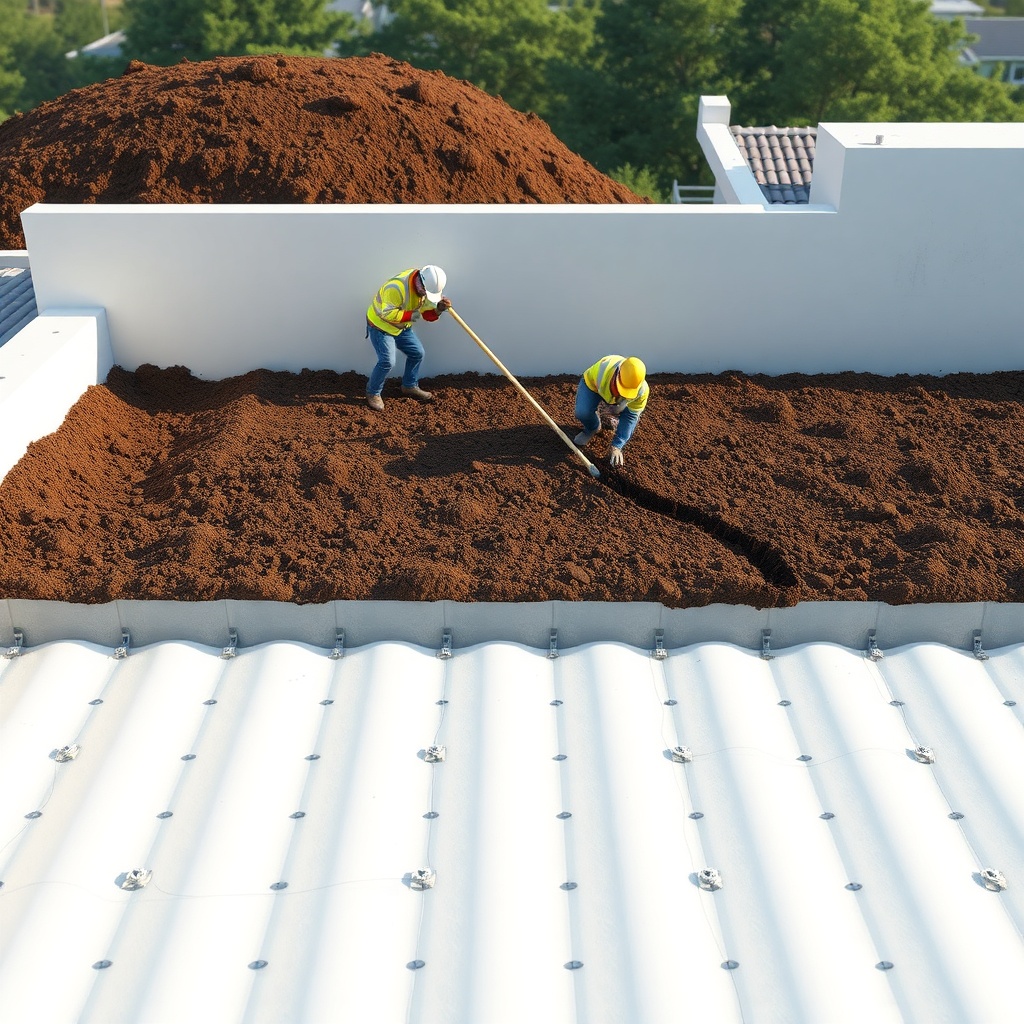 <Photorealistic illustration of Izolevi XPS Levha installed on a terrace roof with soil la
