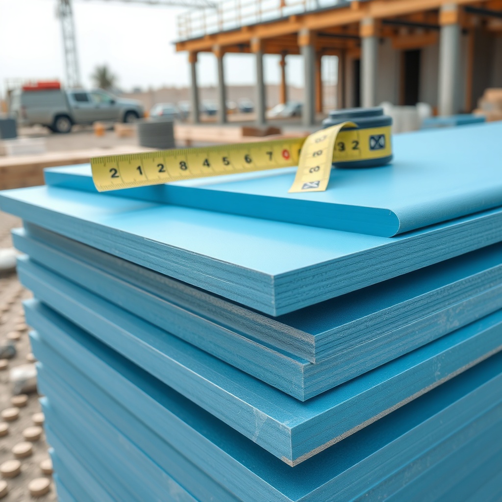A photorealistic close-up of Izolevi XPS Levha sheets stacked at a construction site