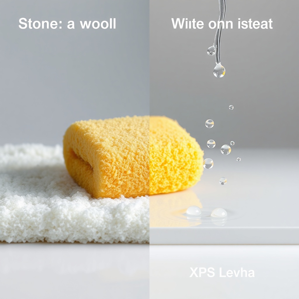 A photorealistic comparison scene: one section shows a wet sponge on stone wool absorbing