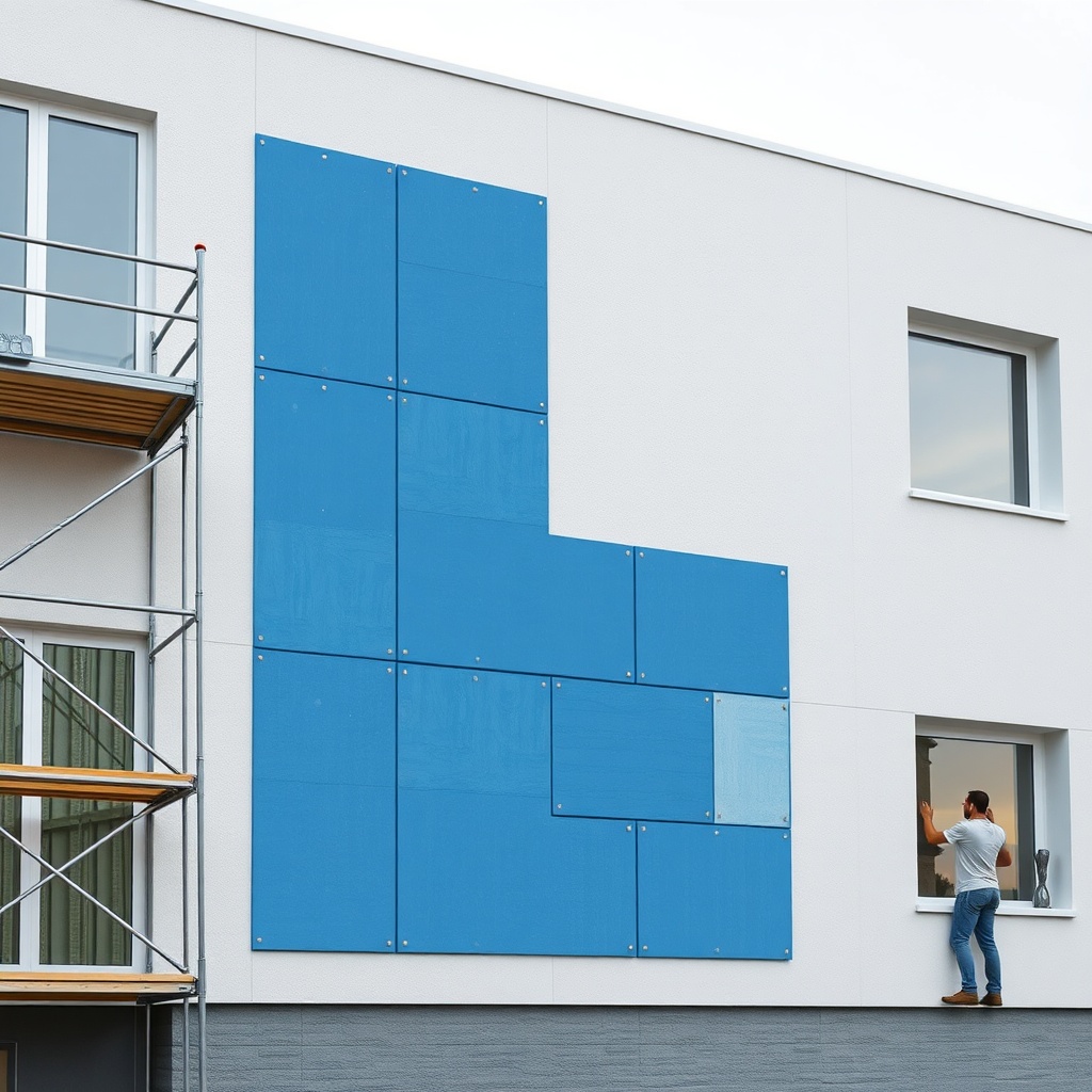 A photorealistic rendering of a building facade with İzolevi XPS Levha being applied to th
