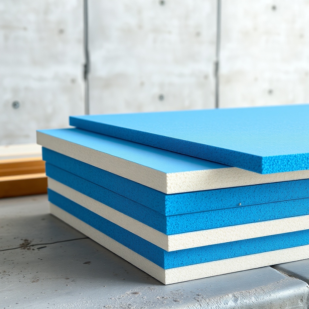 A clean photorealistic photo of a stack of Ode Yalıtım XPS levhalar with a blue-tinted col