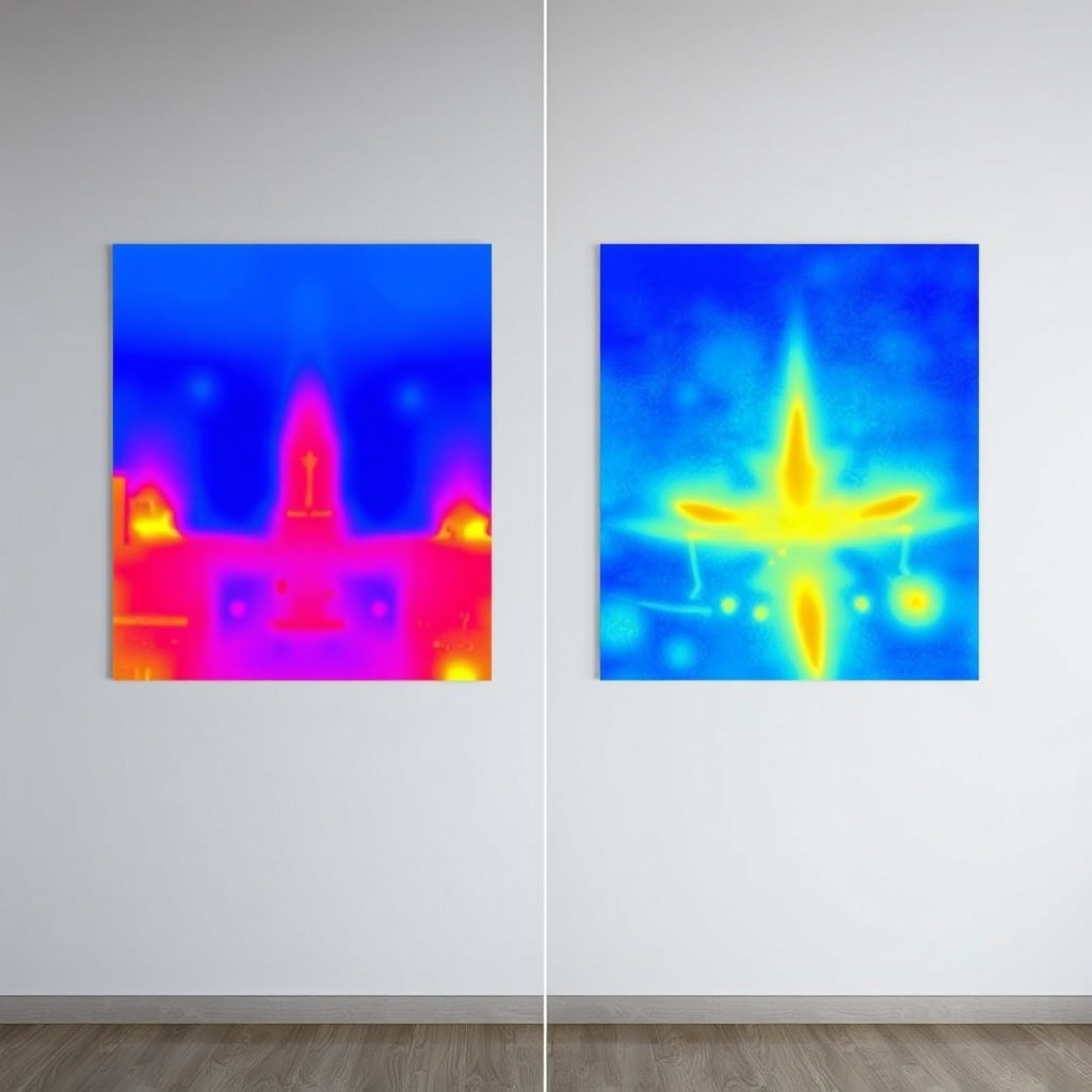 An editorial photorealistic photo showing an infrared thermal camera view of a wall insula